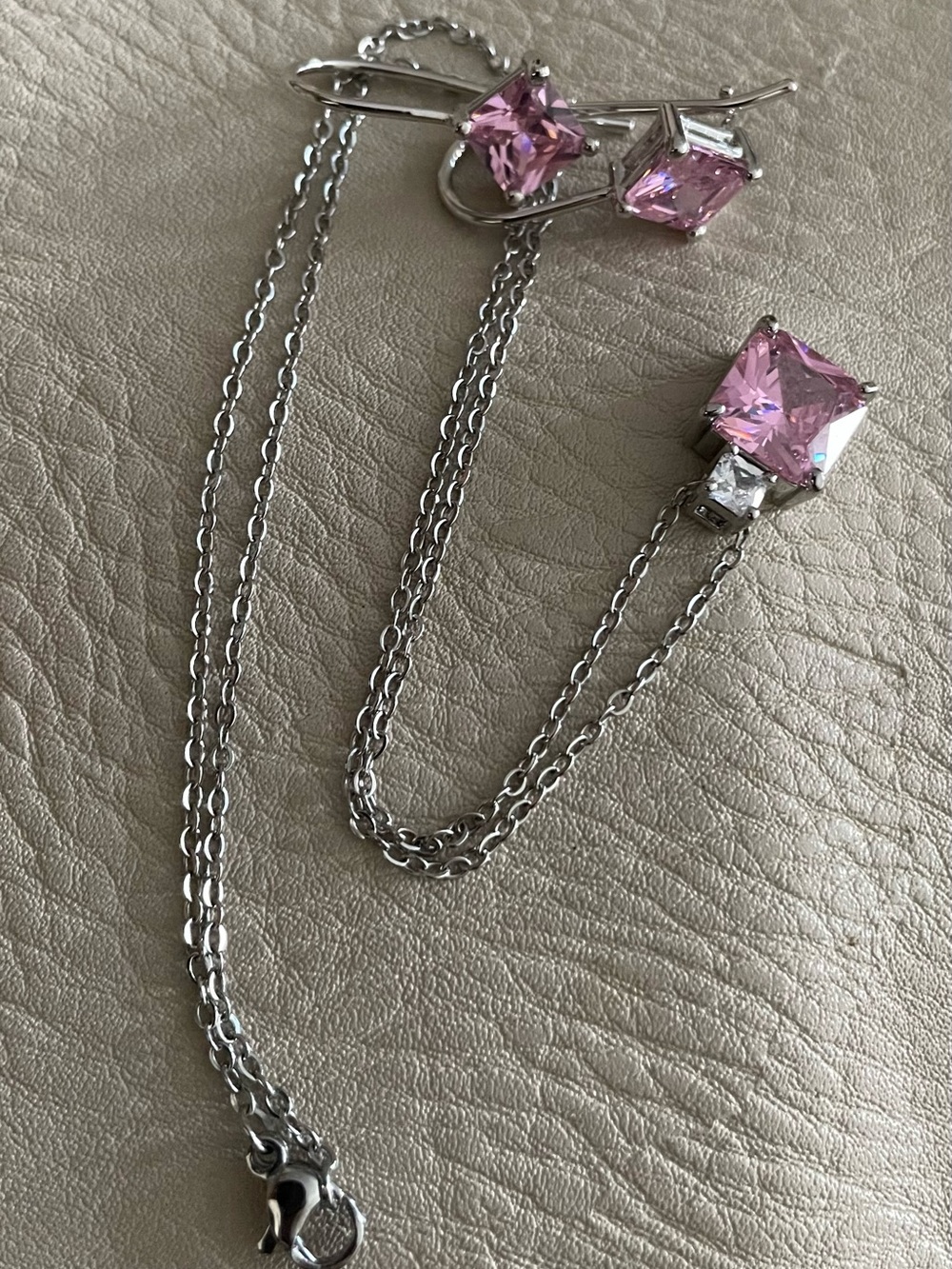 Pink Crystal Pendant Necklace and Earring Set - Silver Tone - Picture 4 of 4